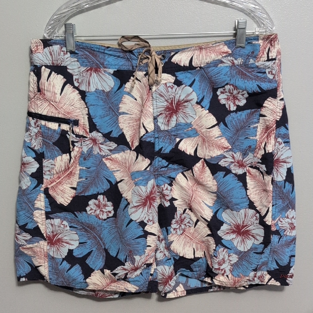 SPRING Patagonia Men's Board Swim Shorts Beach Blue Floral Zip Pocket Size 36